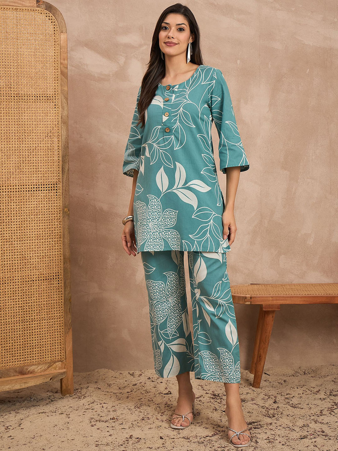 CHETI Women Printed Pure Cotton Tunic With Trousers Co-Ords