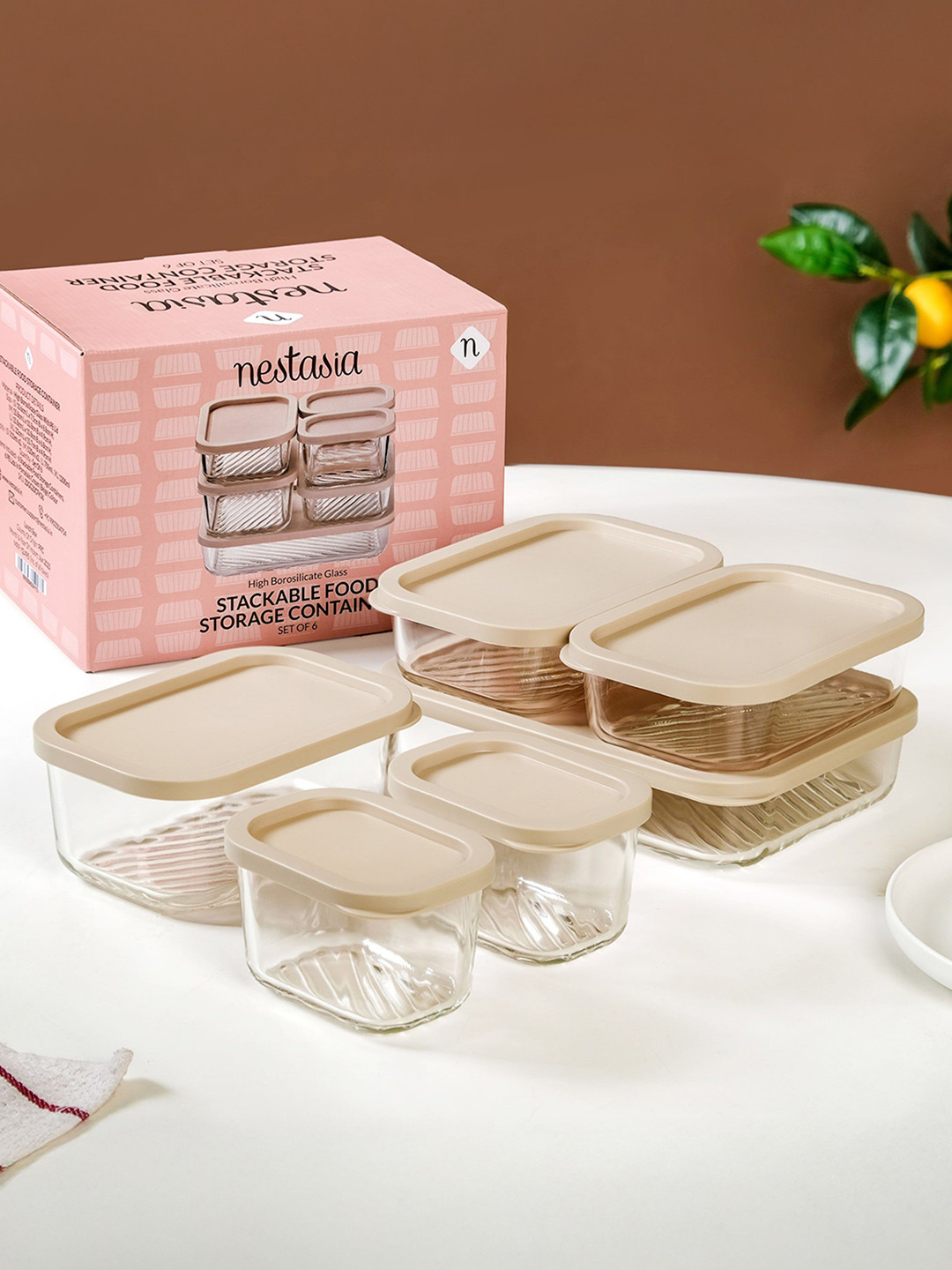 Nestasia Beige 6 Pieces Glass Stackable Food Storage Containers