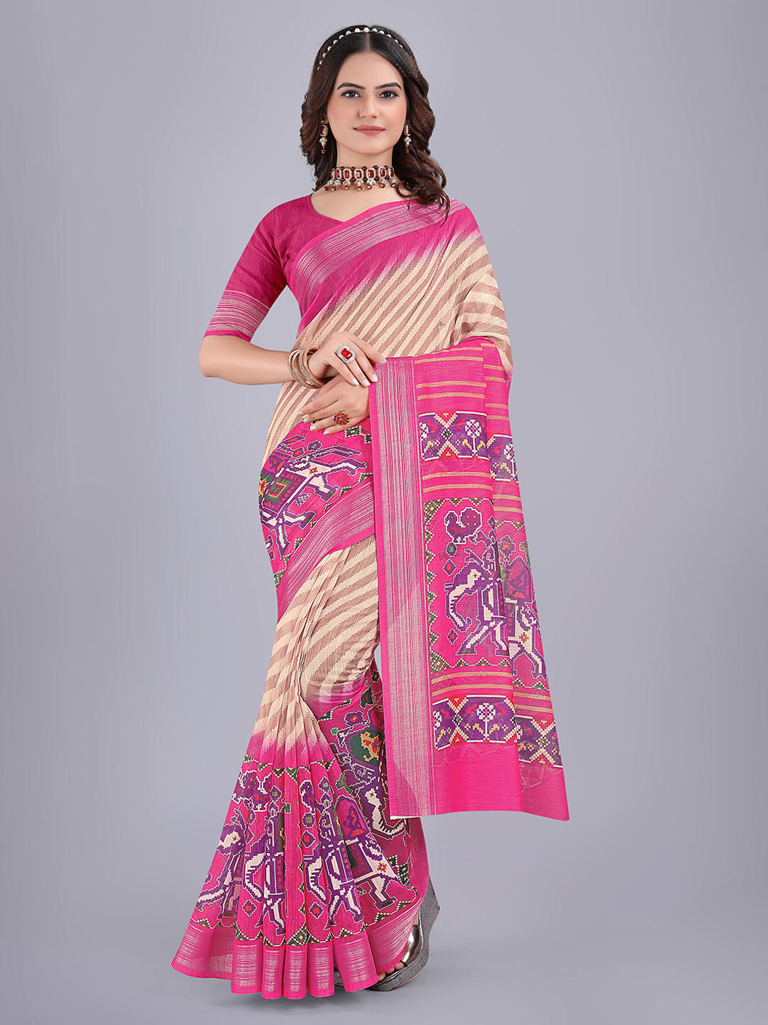 Kemza Striped Silk Cotton Saree With Blouse Piece