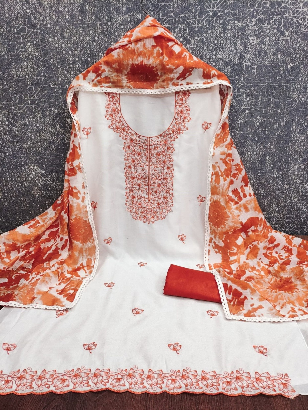 KALINI Women Orange & White Floral Embroidered With Lace Silk Unstitched Dress Material