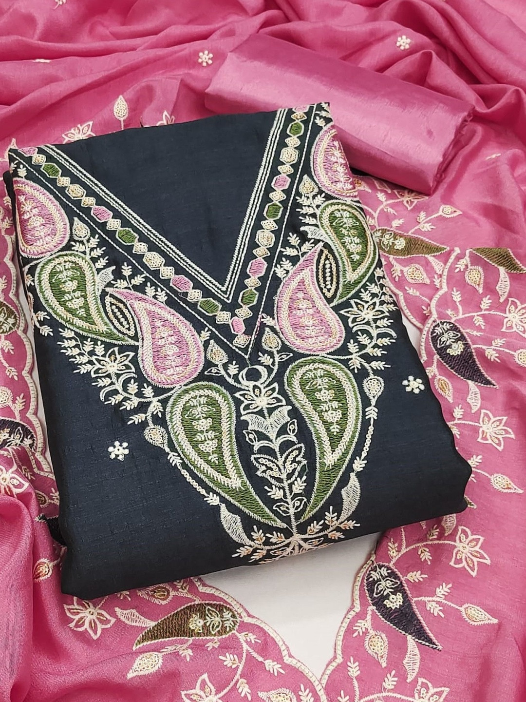 KALINI Women Blue Silk Codding Work Unstitched Dress Material