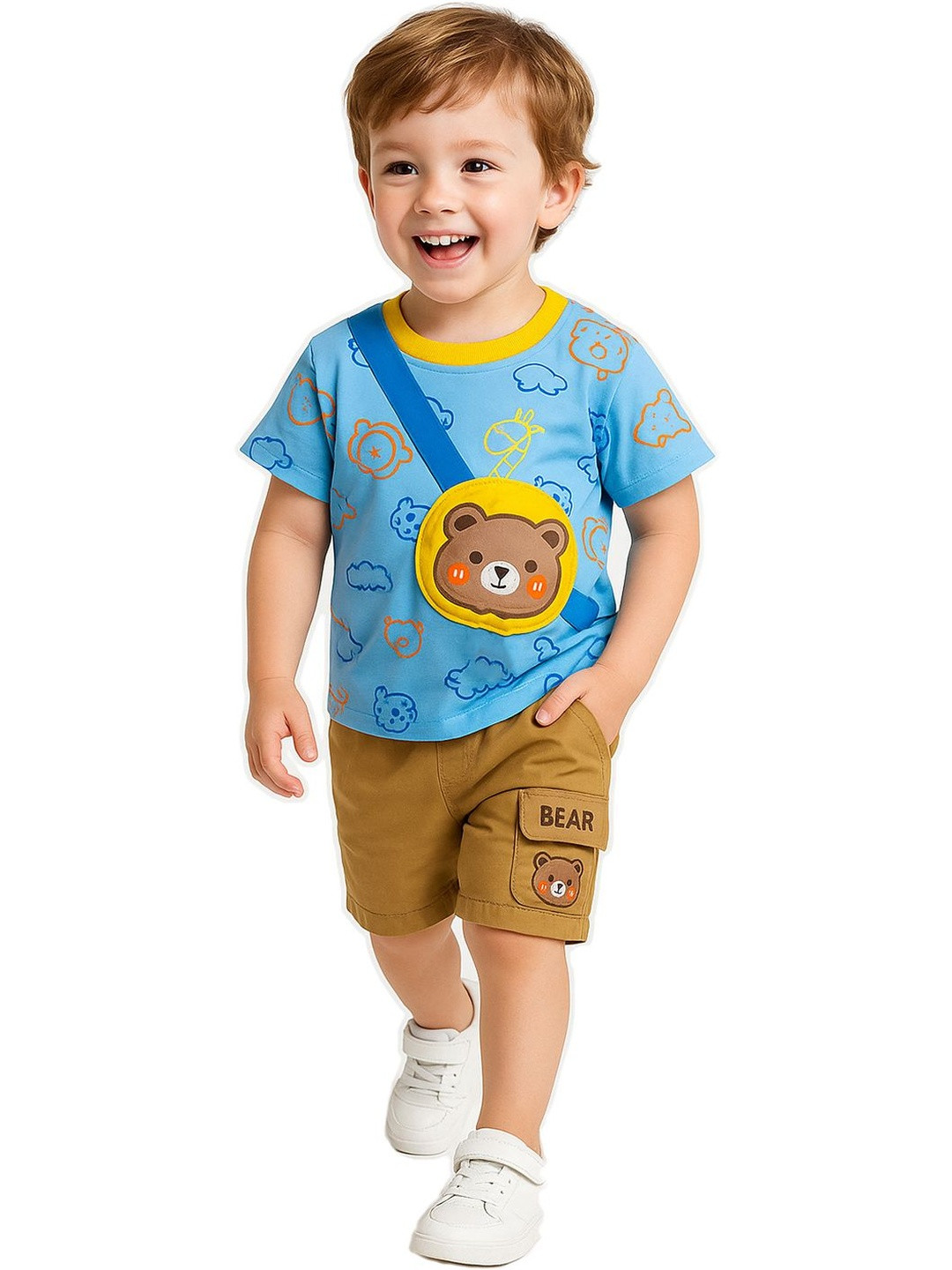 Bold N Elegant Kids Blue & Beige Teddy & Crossbody Bag Printed Cotton T-shirt & Shorts