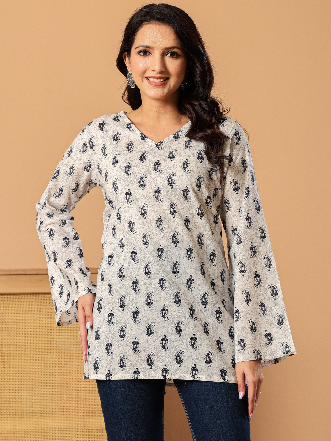 L R TEXTILES Women White & Black Printed V-Neck Bell Sleeves Cotton Short Kurtis