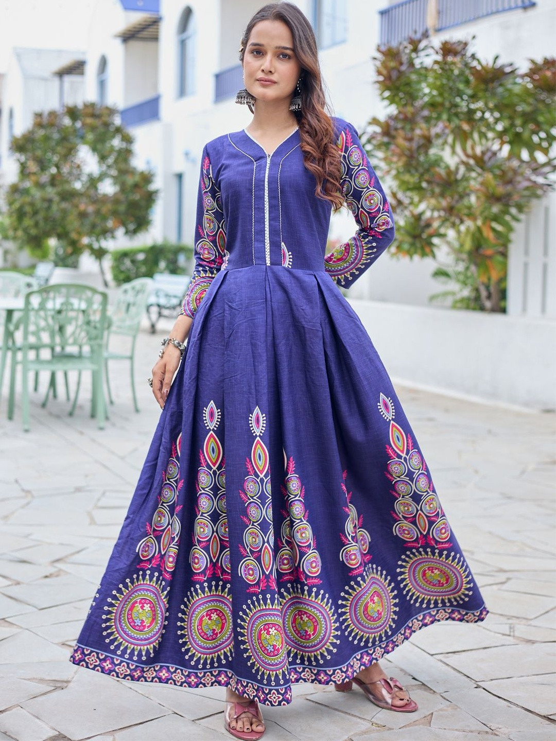 HERE&NOW Women Blue Floral Fully Stitched Rayon Line V Neck Embroidery Anarkali Gown
