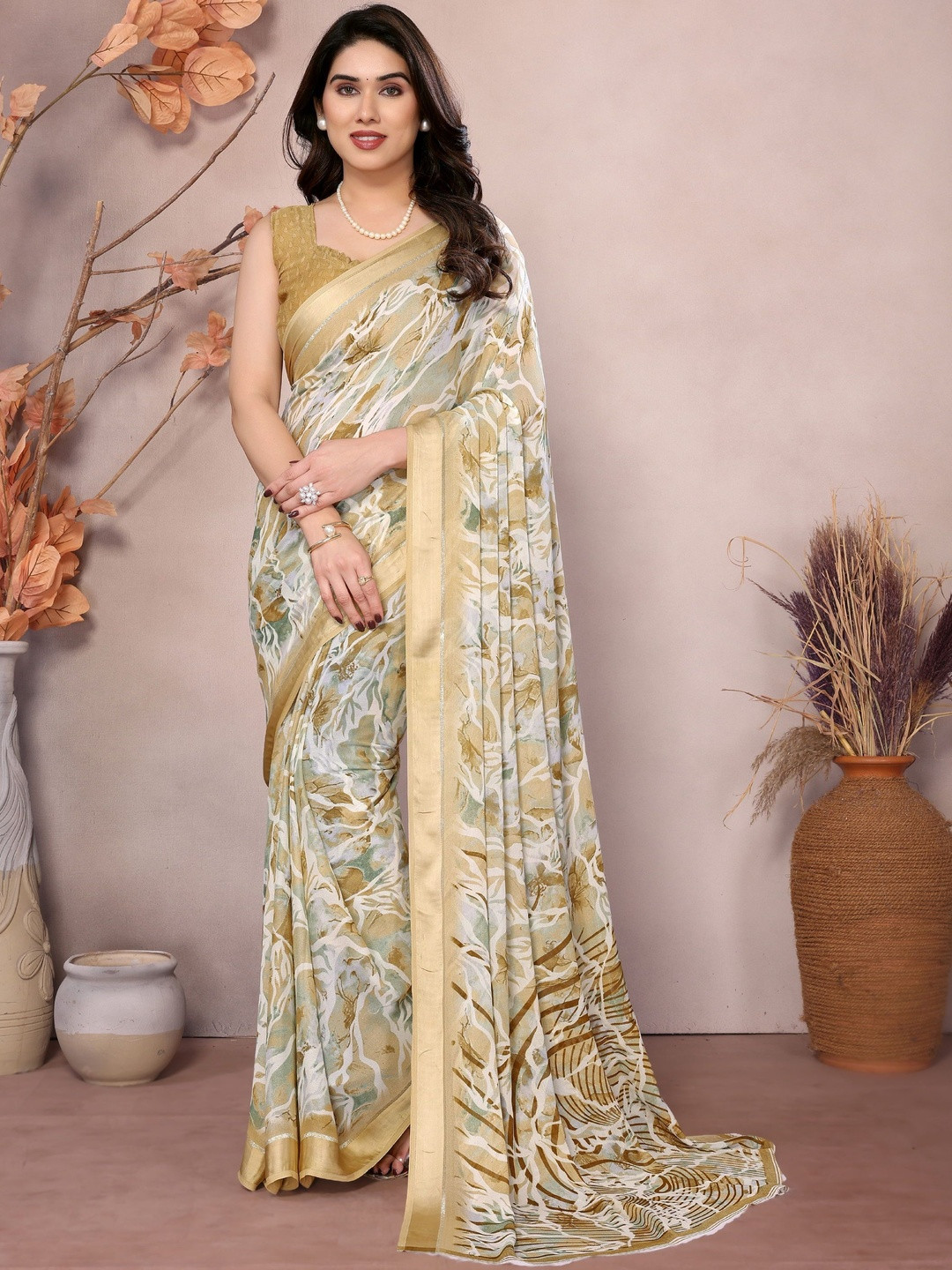 HERE&NOW Cream Printed Satin  Sarees