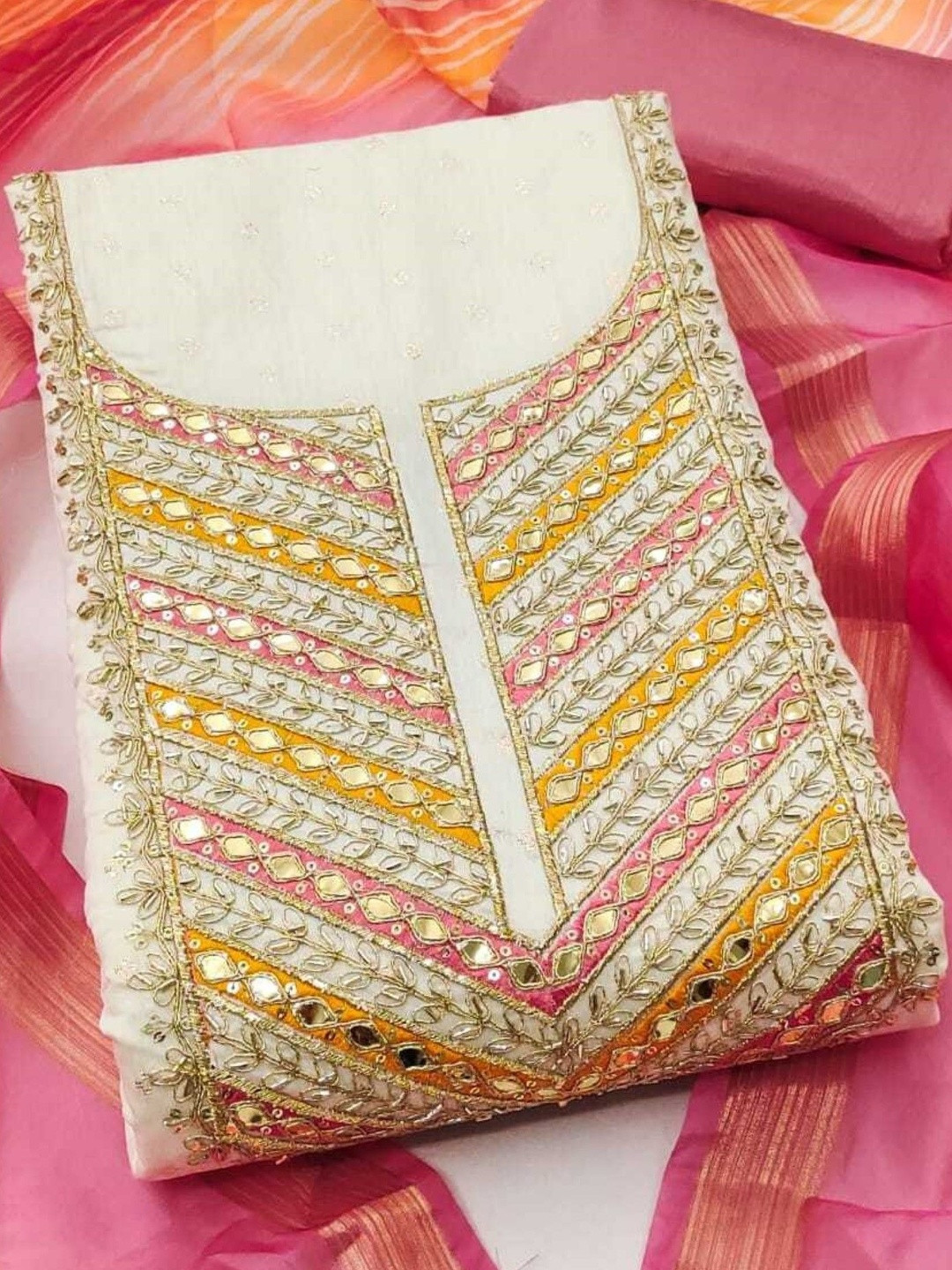 KALINI Women Pink & White Embroidered & Tassels Cotton Unstitched Dress Material