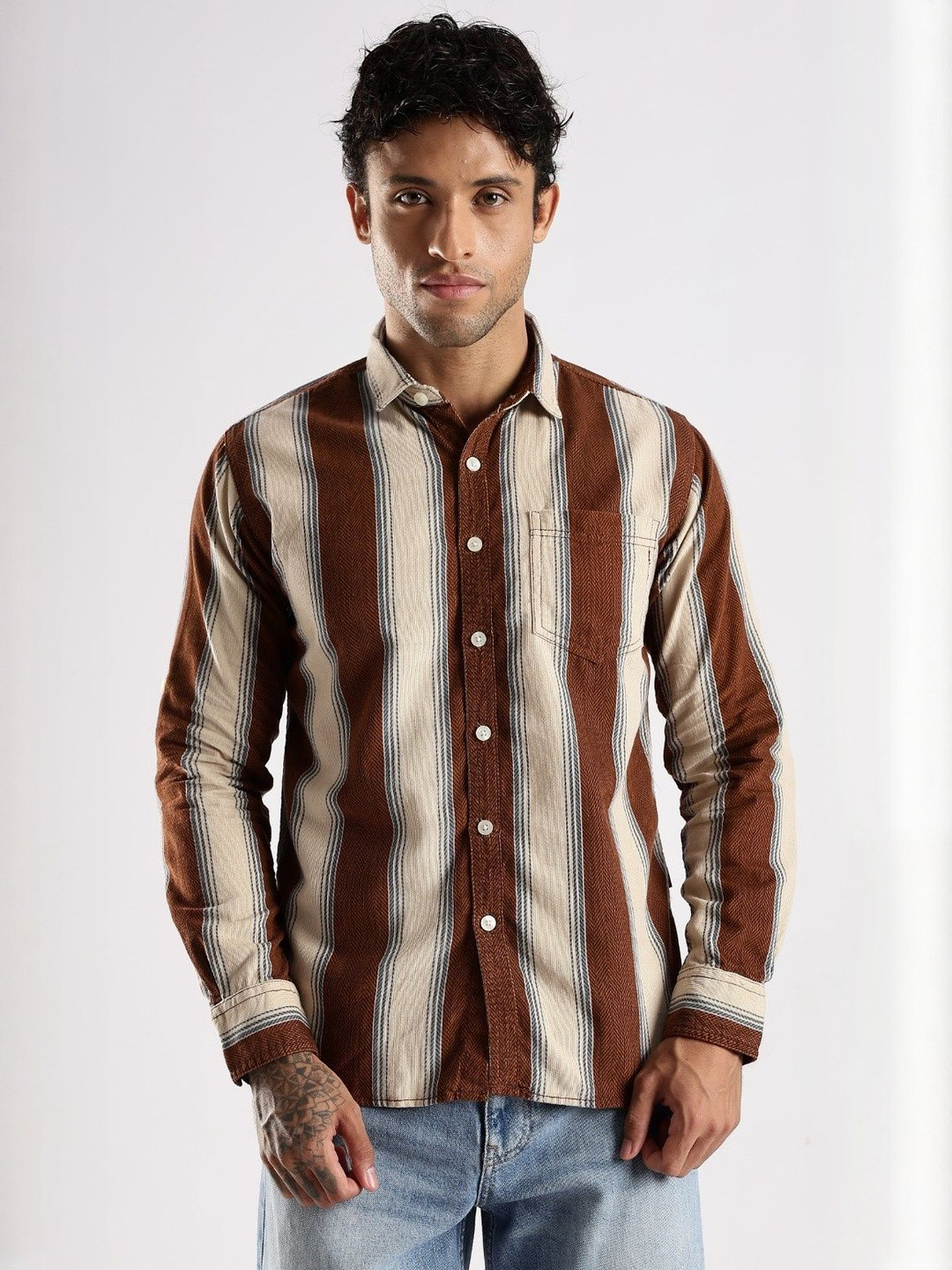 COOL COLORS Men Brown Striped Cotton  Casual Shirts