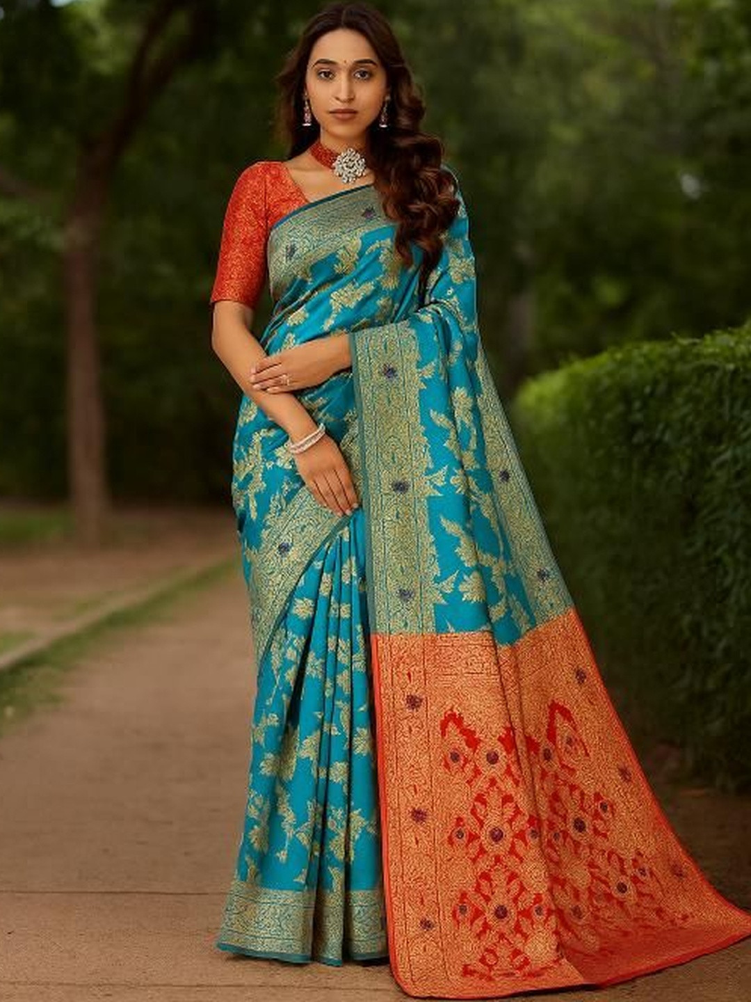 Moda Rapido Turquoise Blue Woven Design Silk Cotton Kanjeevaram Sarees