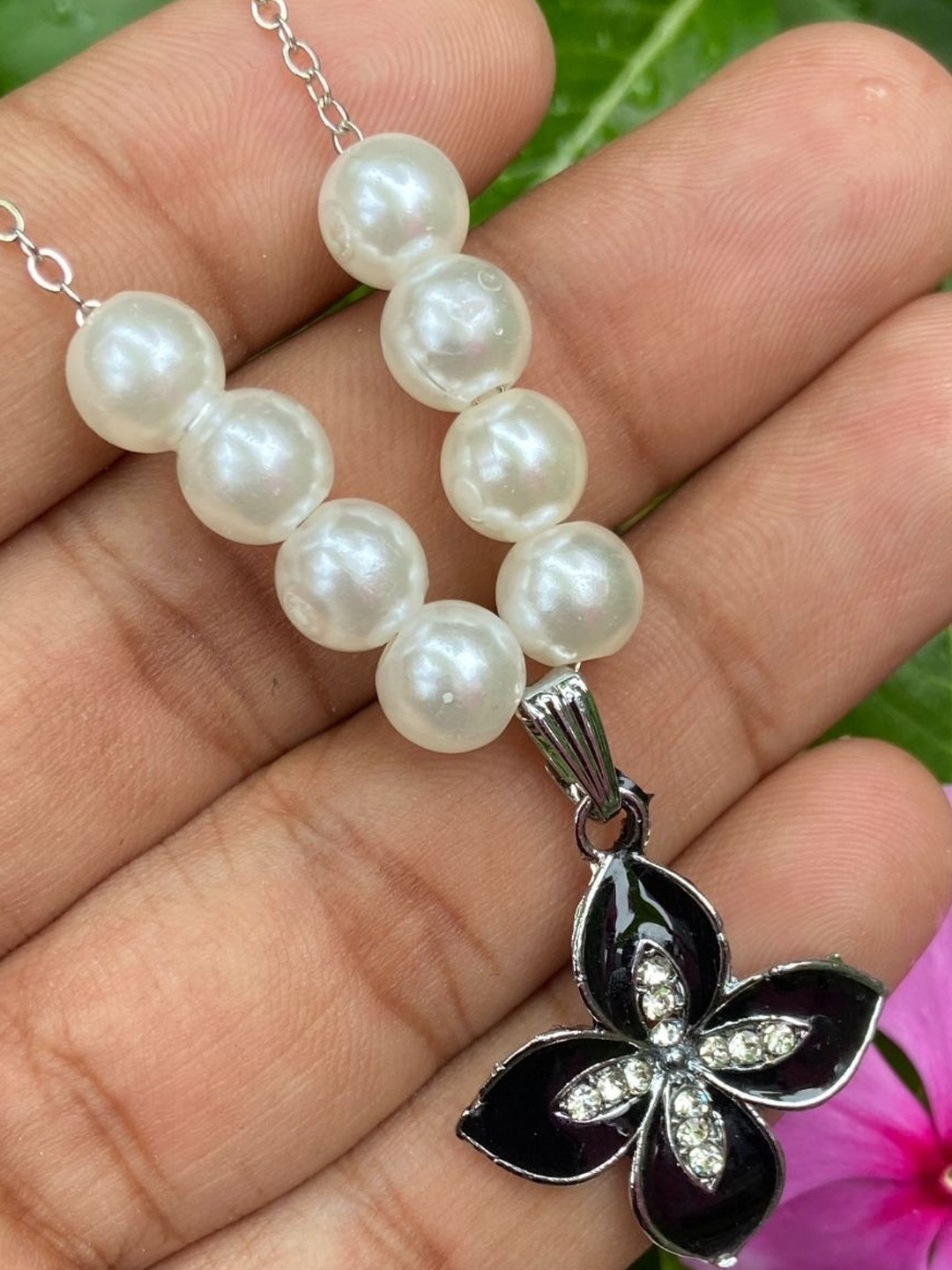 KALAFICIAL Women Rhodium-Plated Pearls With Black Floral Pendant