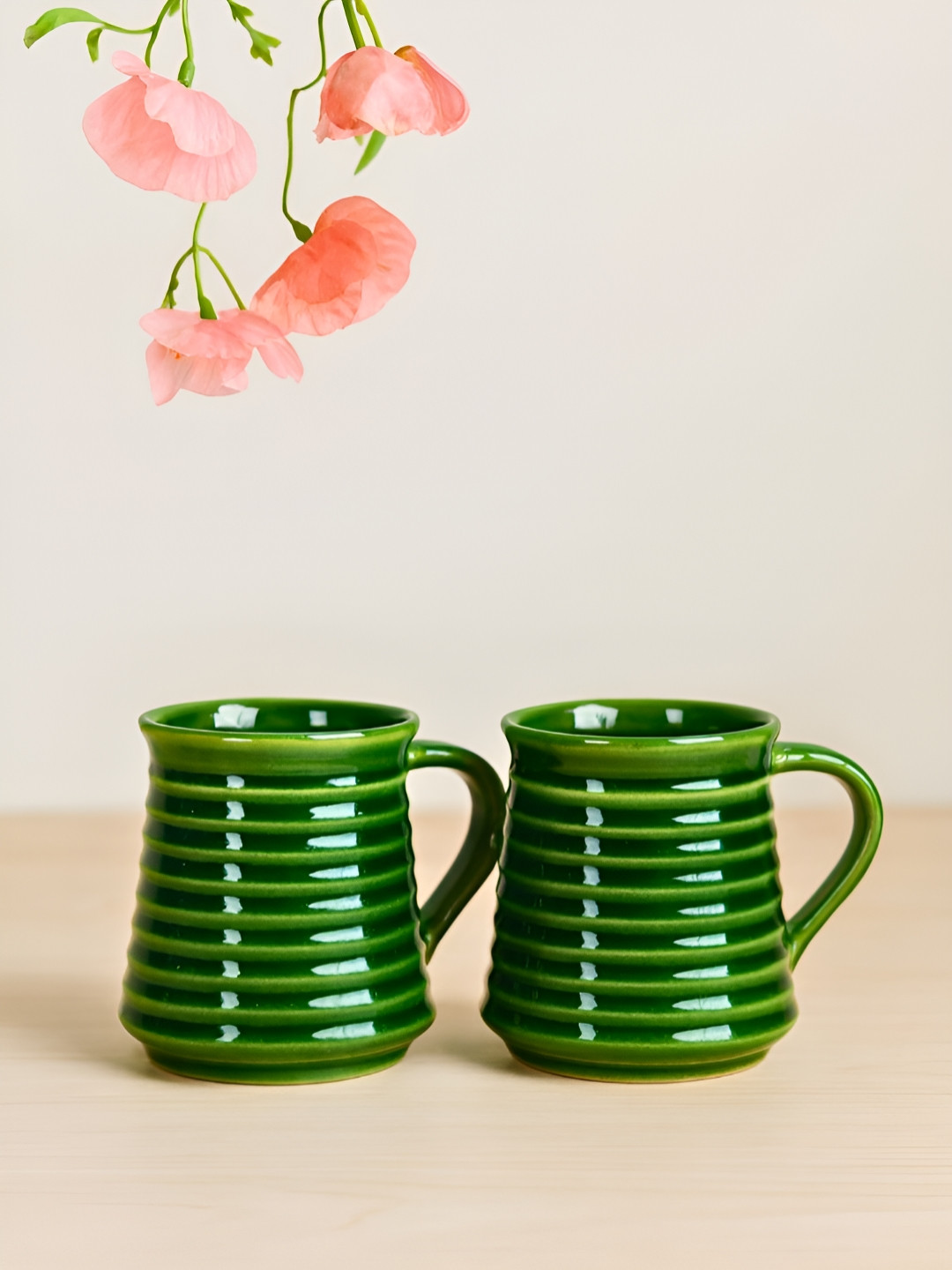 Unravel India Green & Lime Green 2 Pieces Striped Textured Ceramic Glossy Mugs