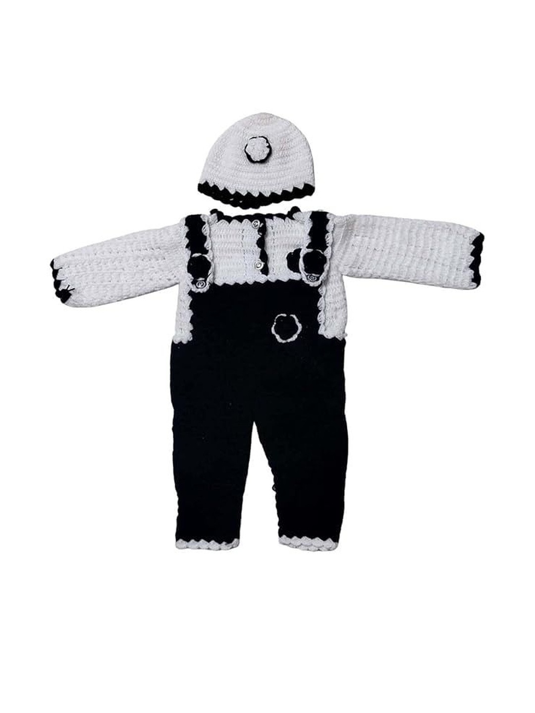 Cute Collection Handmade Woolen Dungaree Dress with Cap & Pair of Booties Set