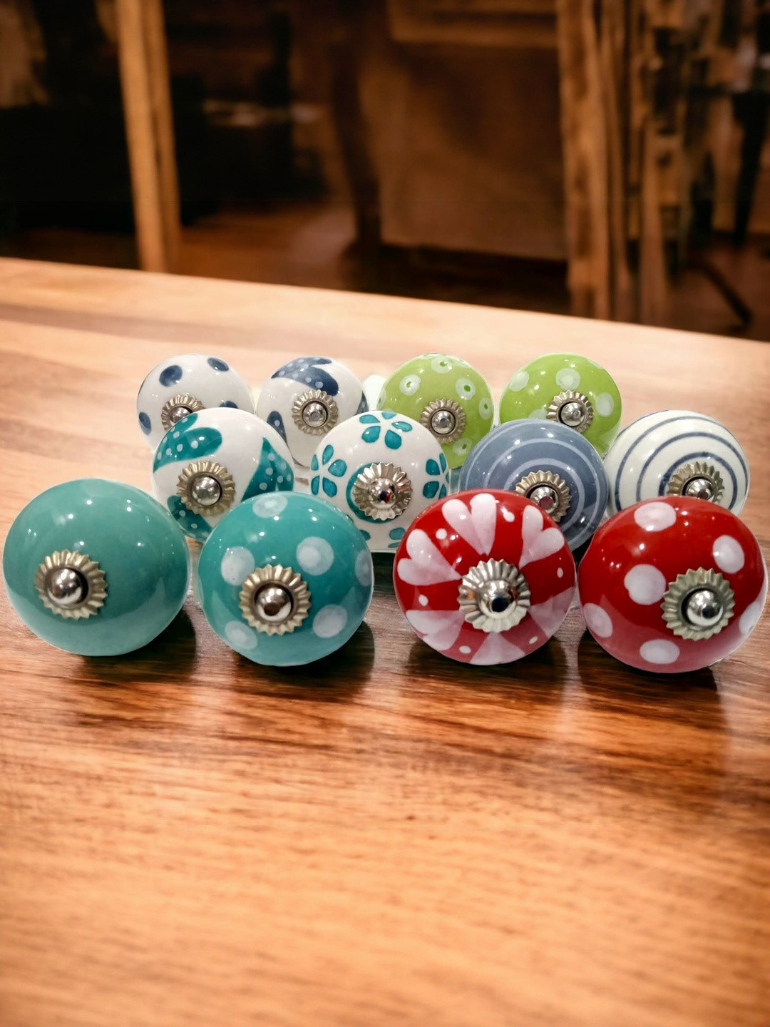 Amoorcart Set of 12 Multicolored Round Ceramic Floral Designed Knobs