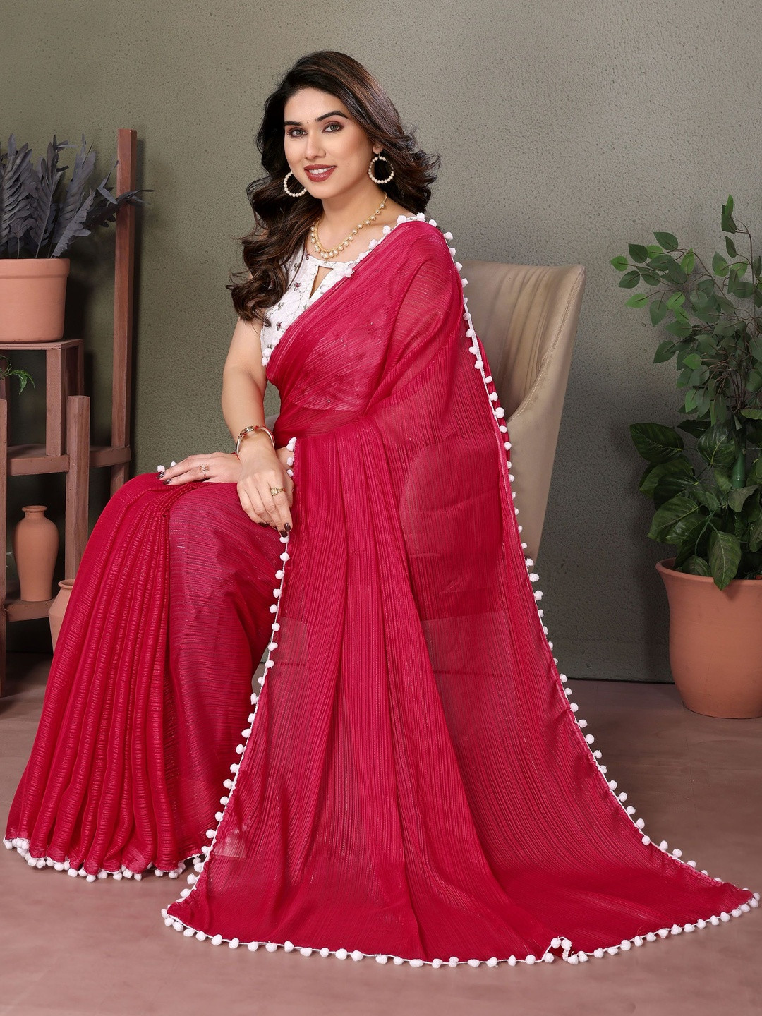 HERE&NOW Red Printed Polyester  Sarees