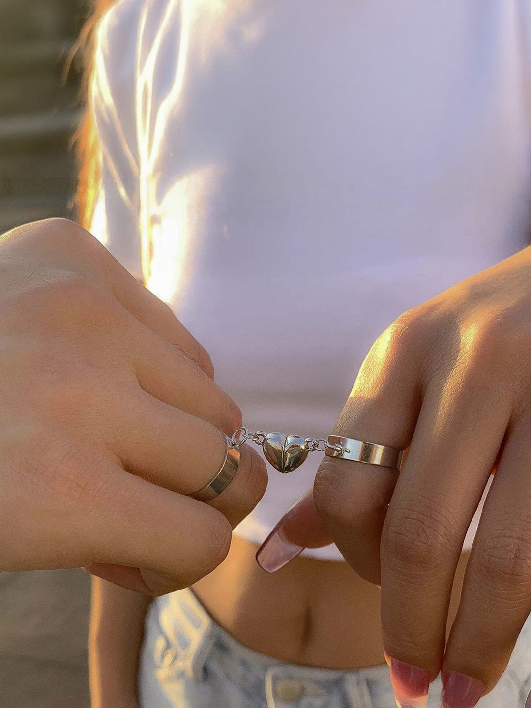 TheVineGirl Women Alloy Silver-Plated Magnetic Couple Ring