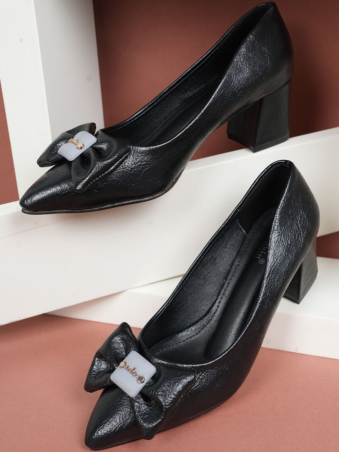 Dollphin Women Black Embellished PU Pointed Toe Kitten Sandals