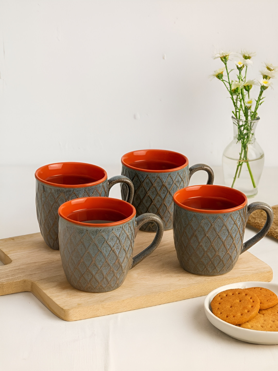 Unravel India Grey & Orange 4 Pieces Ceramic Glossy Mugs