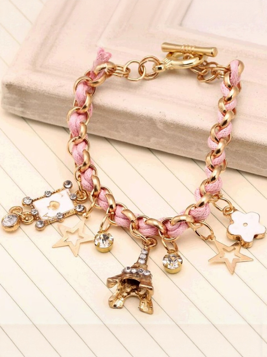 TheVineGirl Women Pink Gold-Plated Eiffel Tower Adjustable Artificial Beads Charm Bracelet