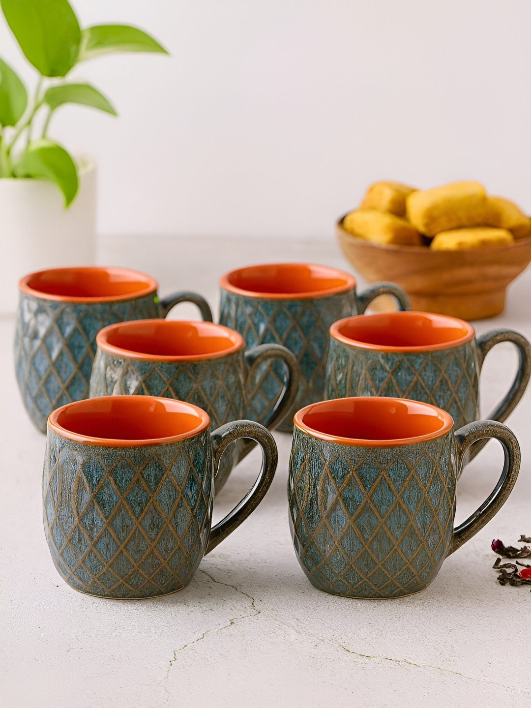 Unravel India Grey & Orange 6 Pieces Textured Ceramic Cups