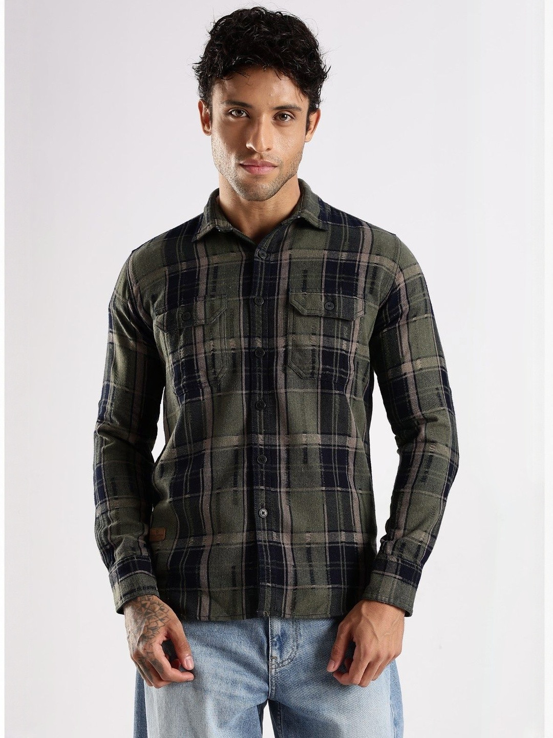 COOL COLORS Men Olive Checked Cotton  Casual Shirts