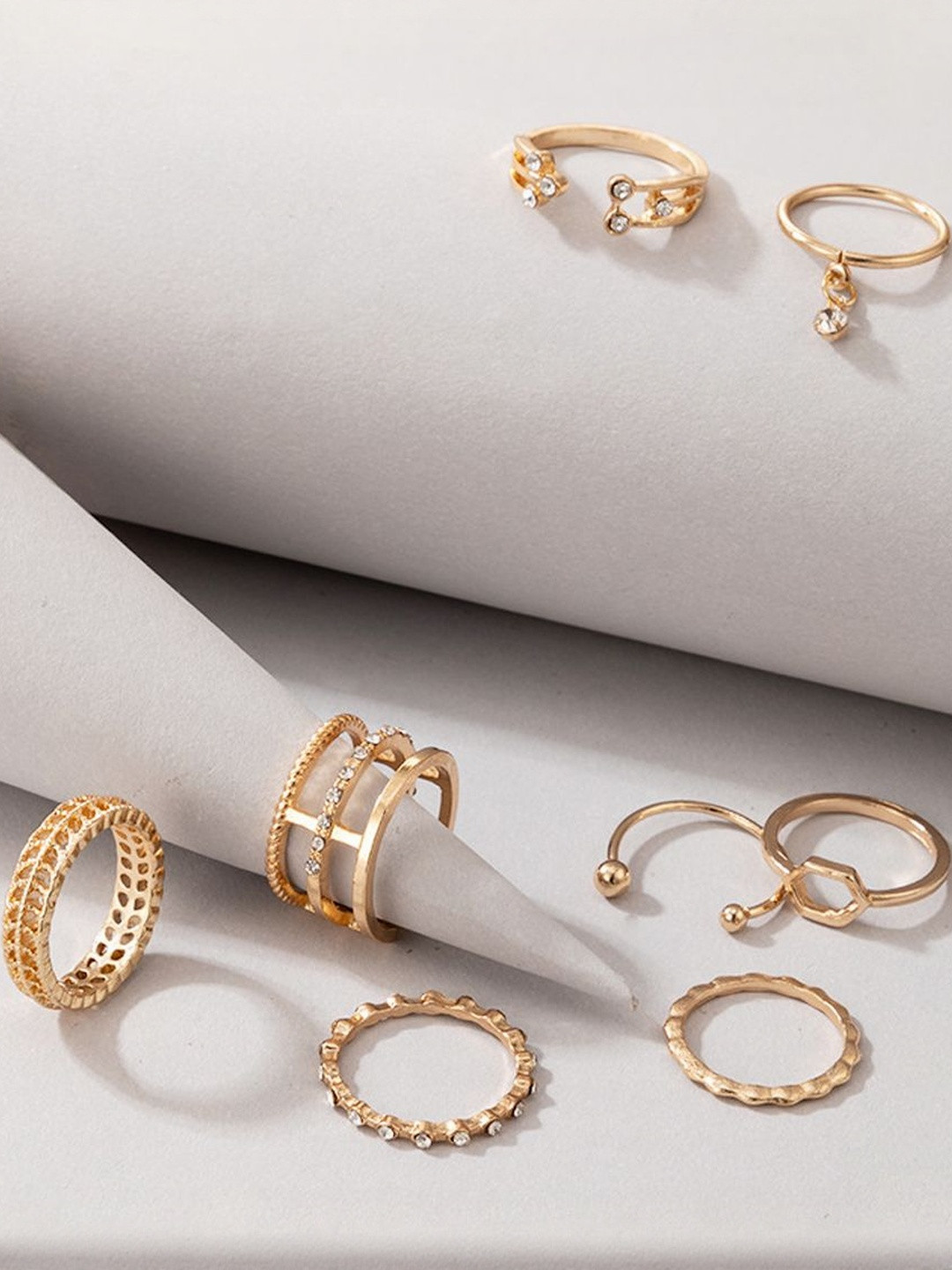 TheVineGirl Pack of 8 Women Gold Toned Crystal Drop Heart Multi Designs Rings