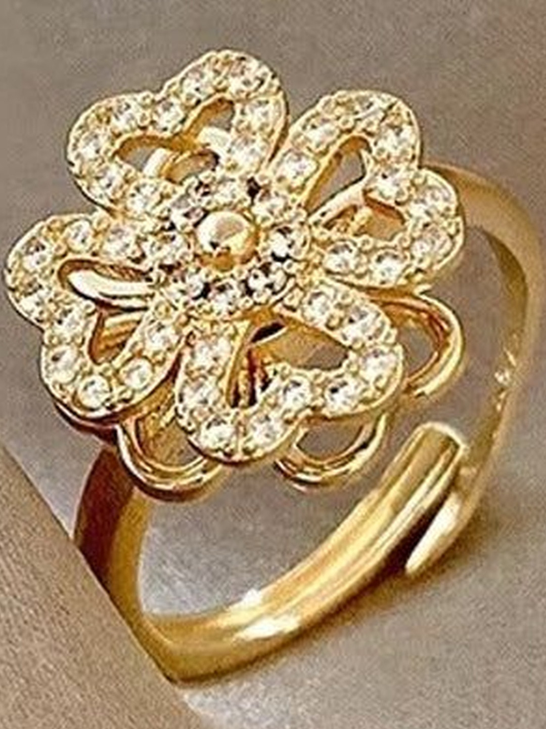 TheVineGirl Women Gold-Plated Rotating Artificial Stones Studded Adjustable Clover Ring