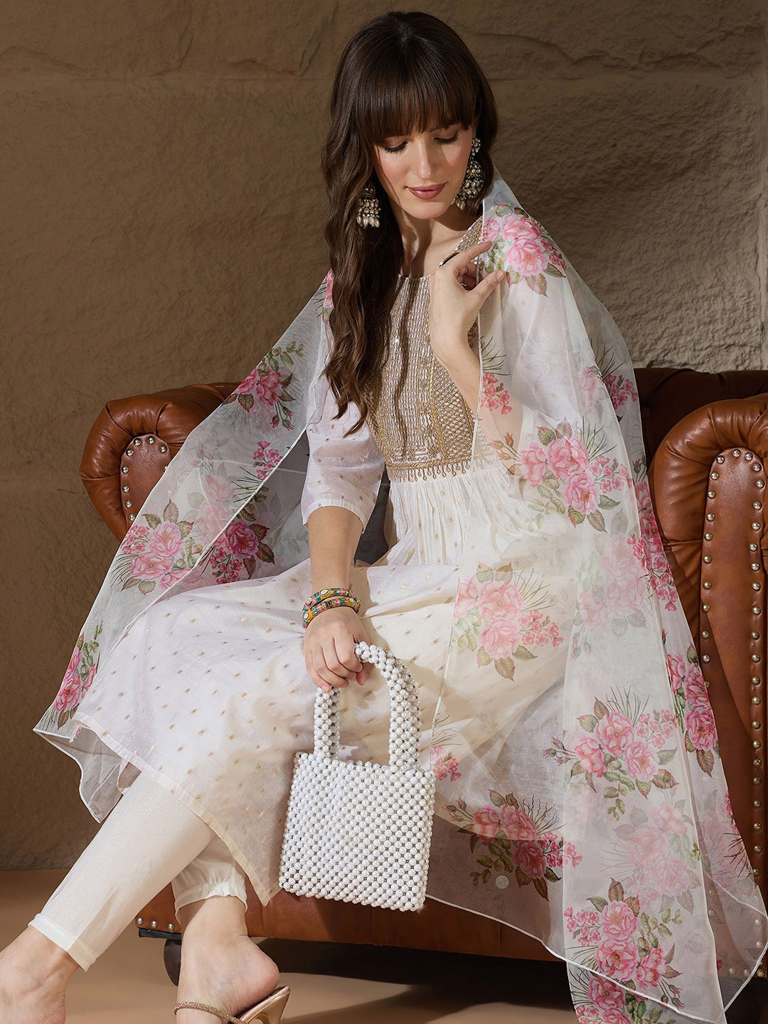 VredeVogel Women's Chanderi Silk Woven Design Kurta with Leggings & Dupatta