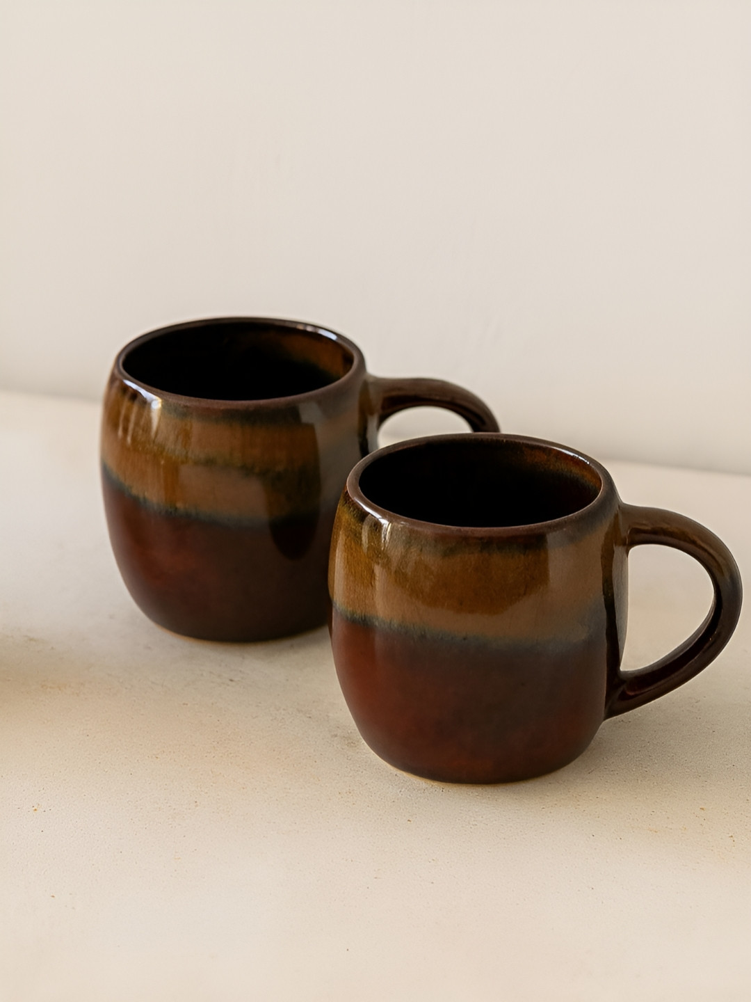 Unravel India Brown & Coffee Brown 2 Pieces Printed Ceramic Glossy Mugs 250ml