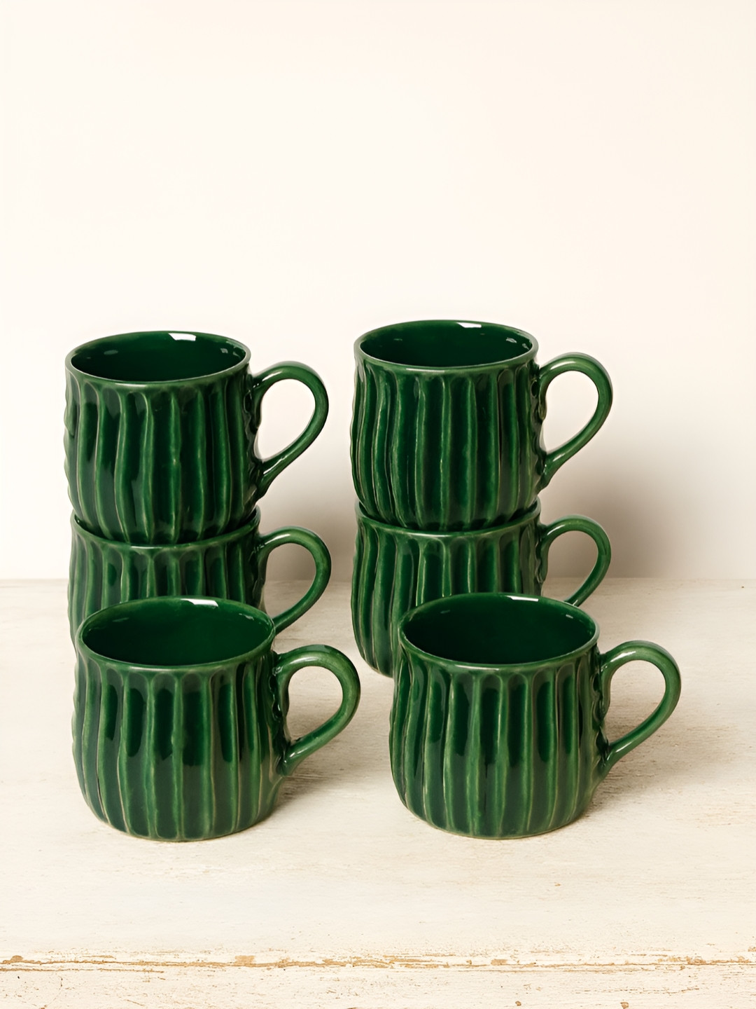 Unravel India Green & Lime Green 6 Pieces Textured Ceramic Glossy Mugs 150ML