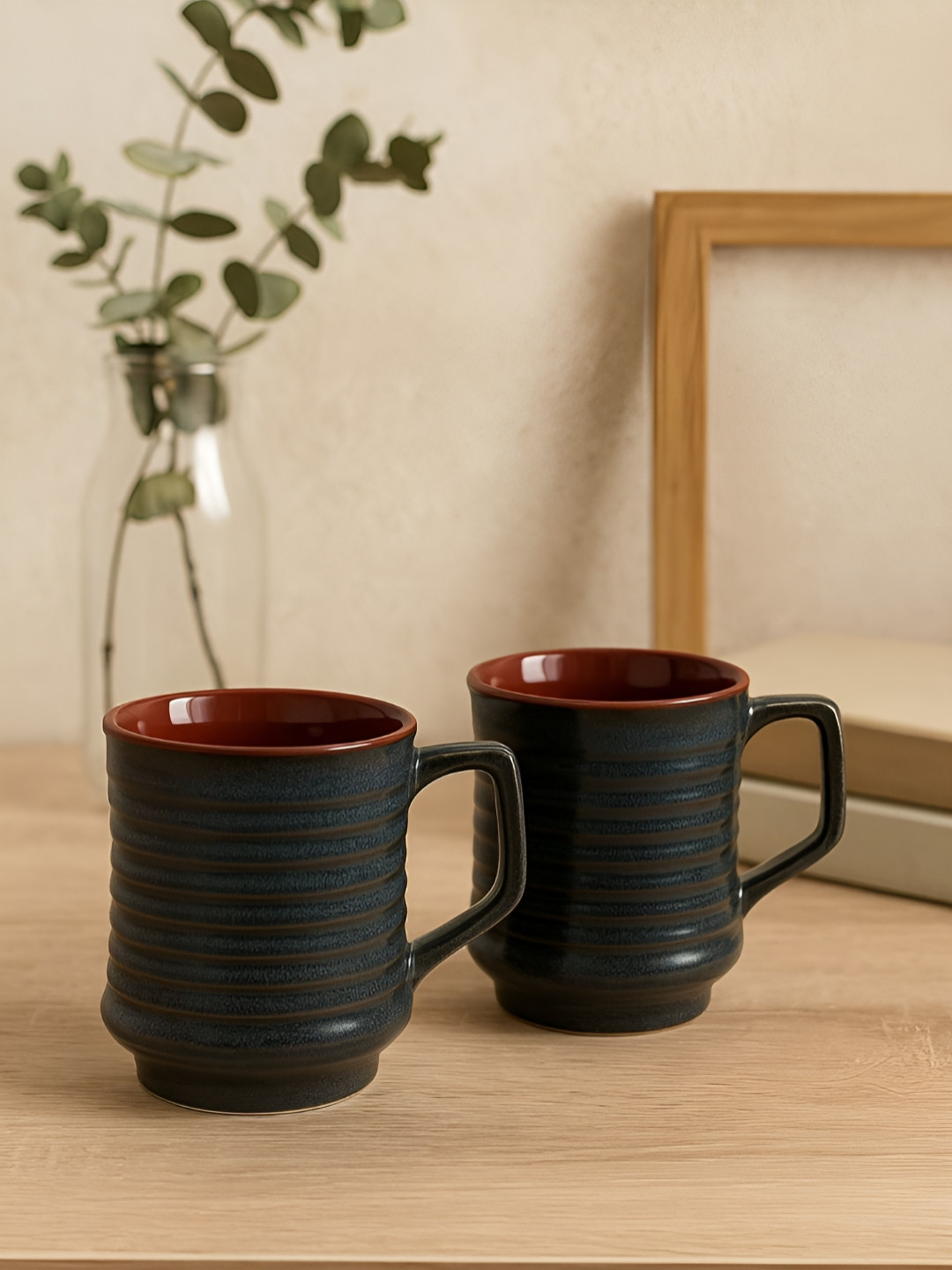 Unravel India Black & Brown 2 Pieces Geometric Textured Ceramic Mugs