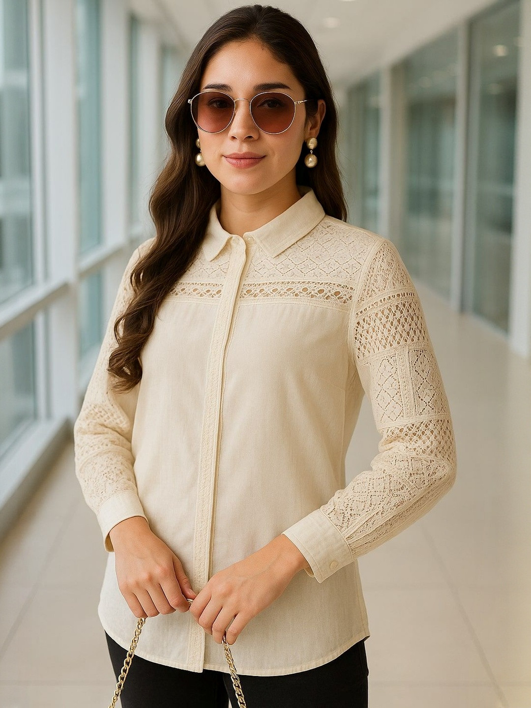 DressBerry Women Beige Classic Cotton Slim Collar Long Sleeves Lace Casual Shirt