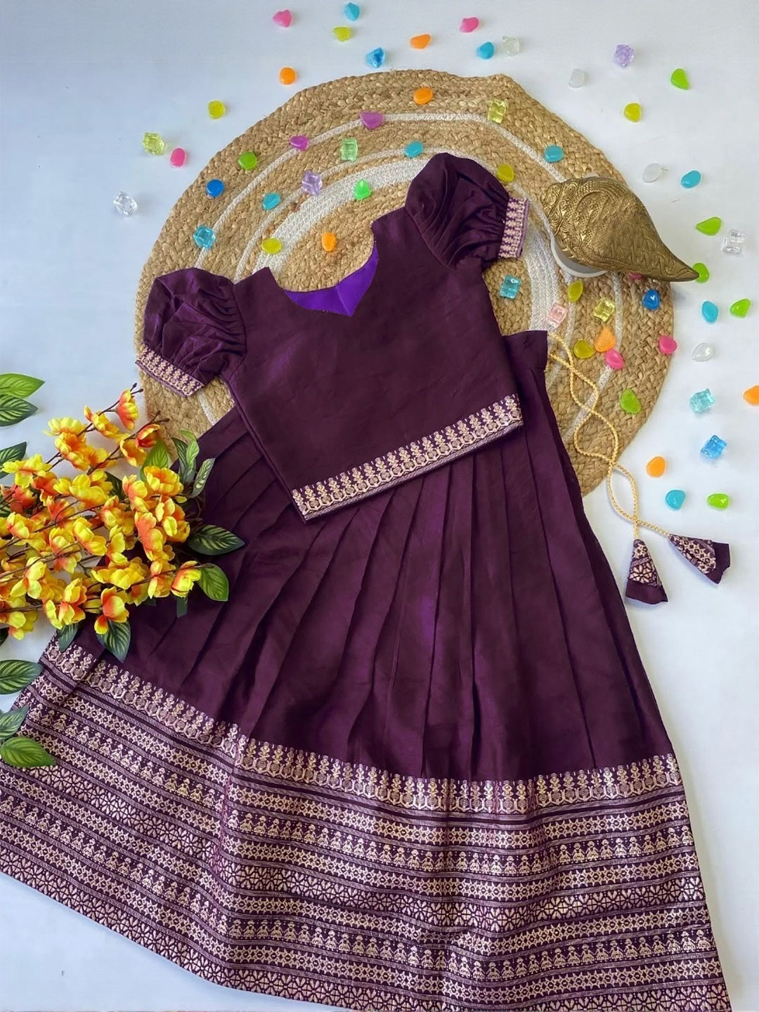 Kedar Fab Girls Puffed Sleeves Blouse & Lehenga