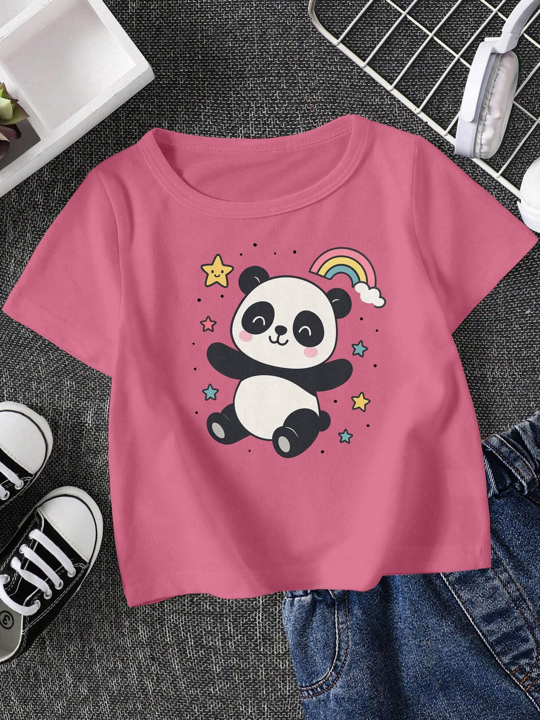 FIONAA TRENDZ Kids Pink Panda Rainbow Printed Cotton T-shirt