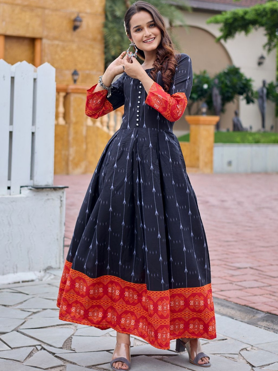 HERE&NOW Women Rayon Printed Embroidered Long Sleeves Pleated Anarkali Gown