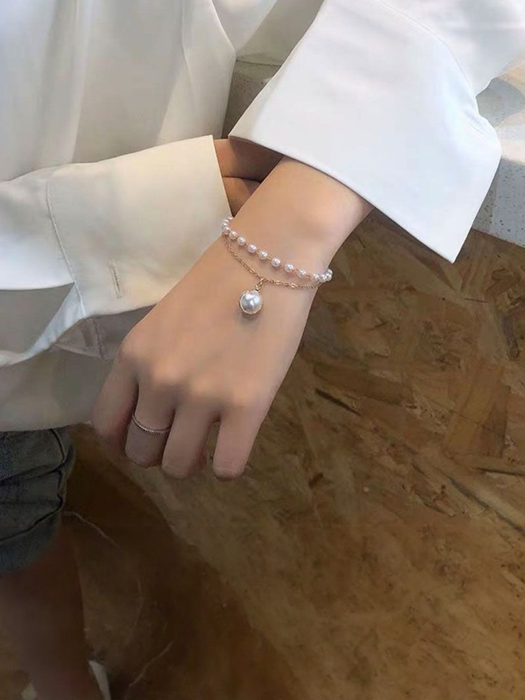 TheVineGirl Women Trendy Gorgeous Pearl Gold-Plated Double Layer Bracelet