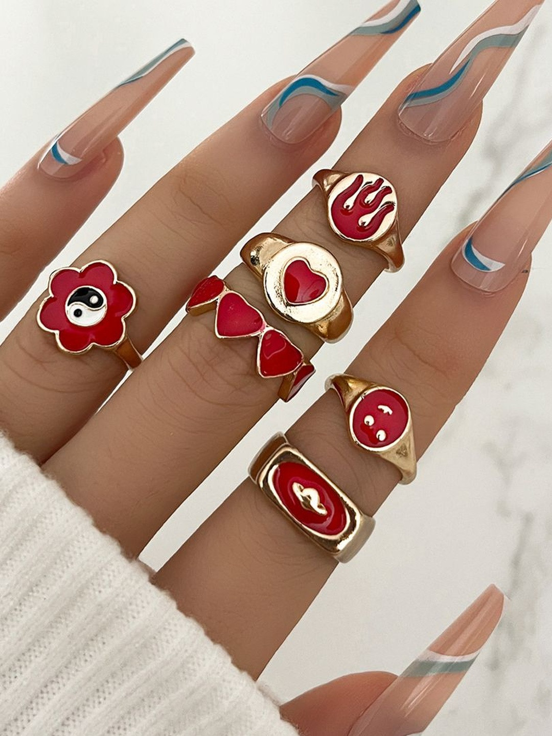 DressBerry Set of 6 Beautiful Flower Heart Cherry Red Rings