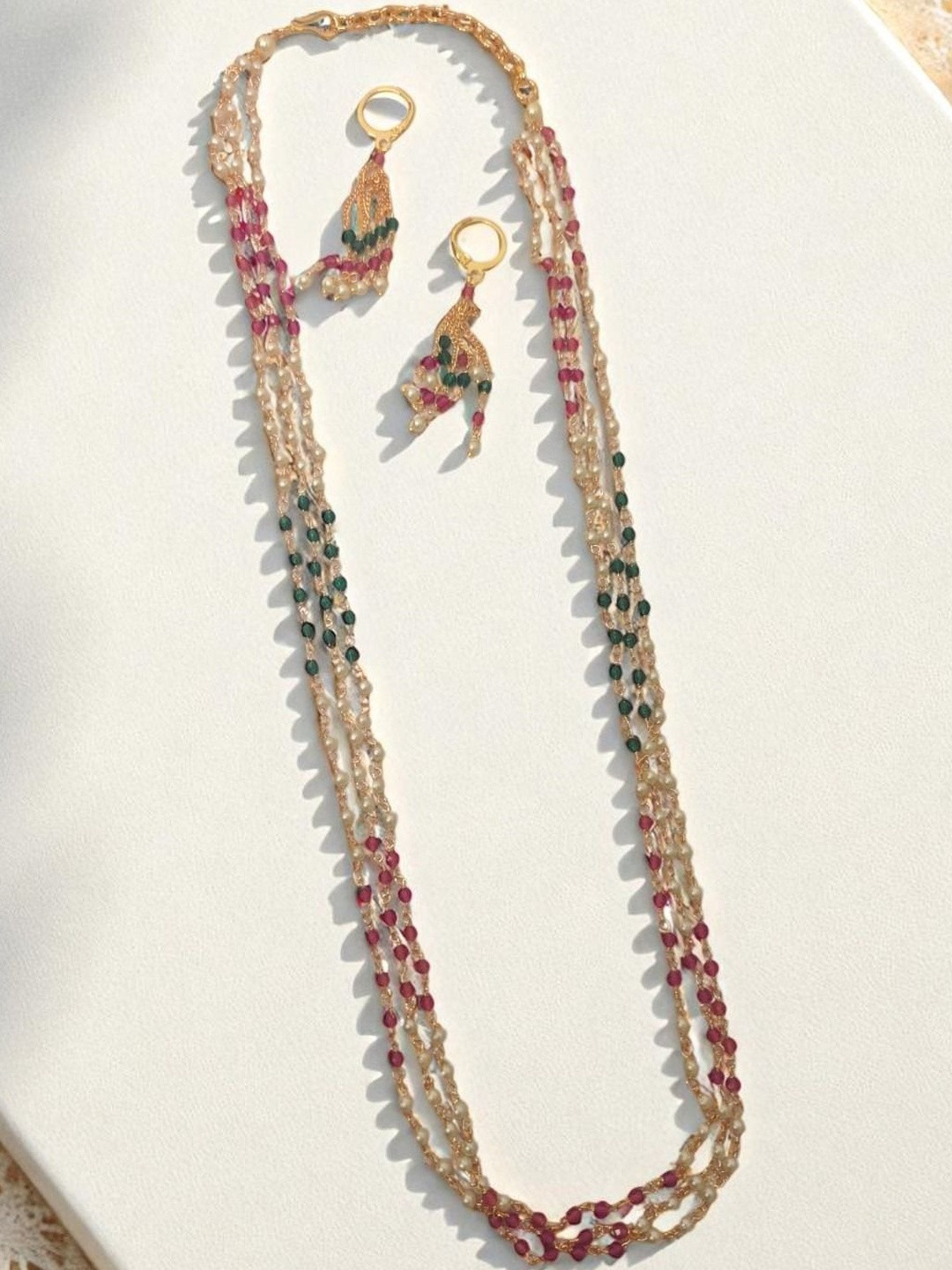 GOLDEN GLAMOUR Women Pink & Gold-Plated Artificial Stones Layered Necklace & Earrings Set