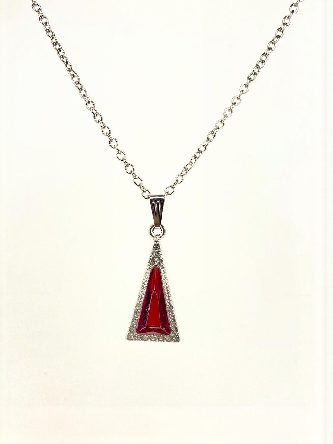 Psight Women Red Silver-Plated Triangle Artificial Stones Stainless Steel Pendant Necklace