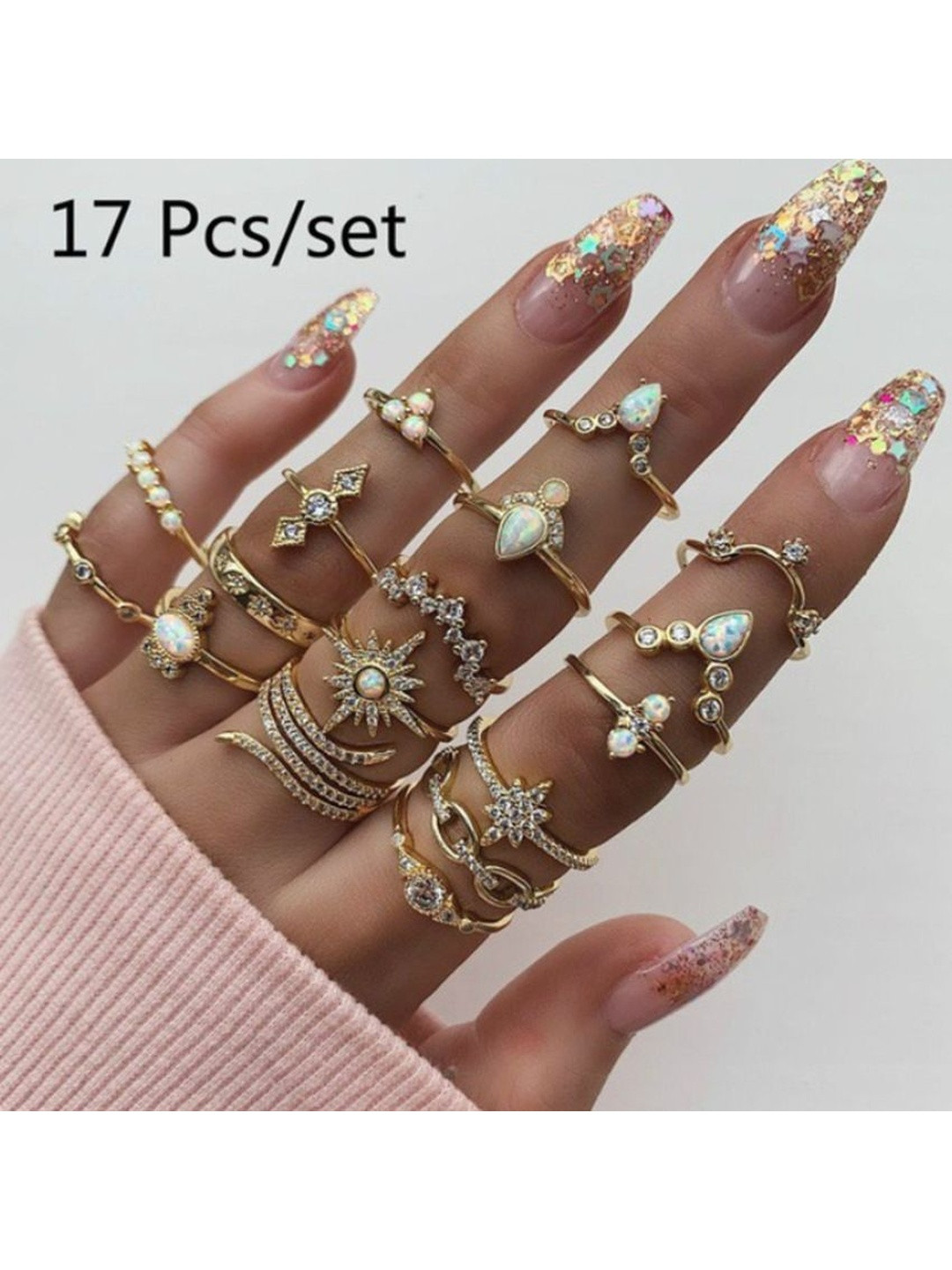 TheVineGirl Women 17 Pcs Gold Plated Floral Designed American Diamond Studded Rings