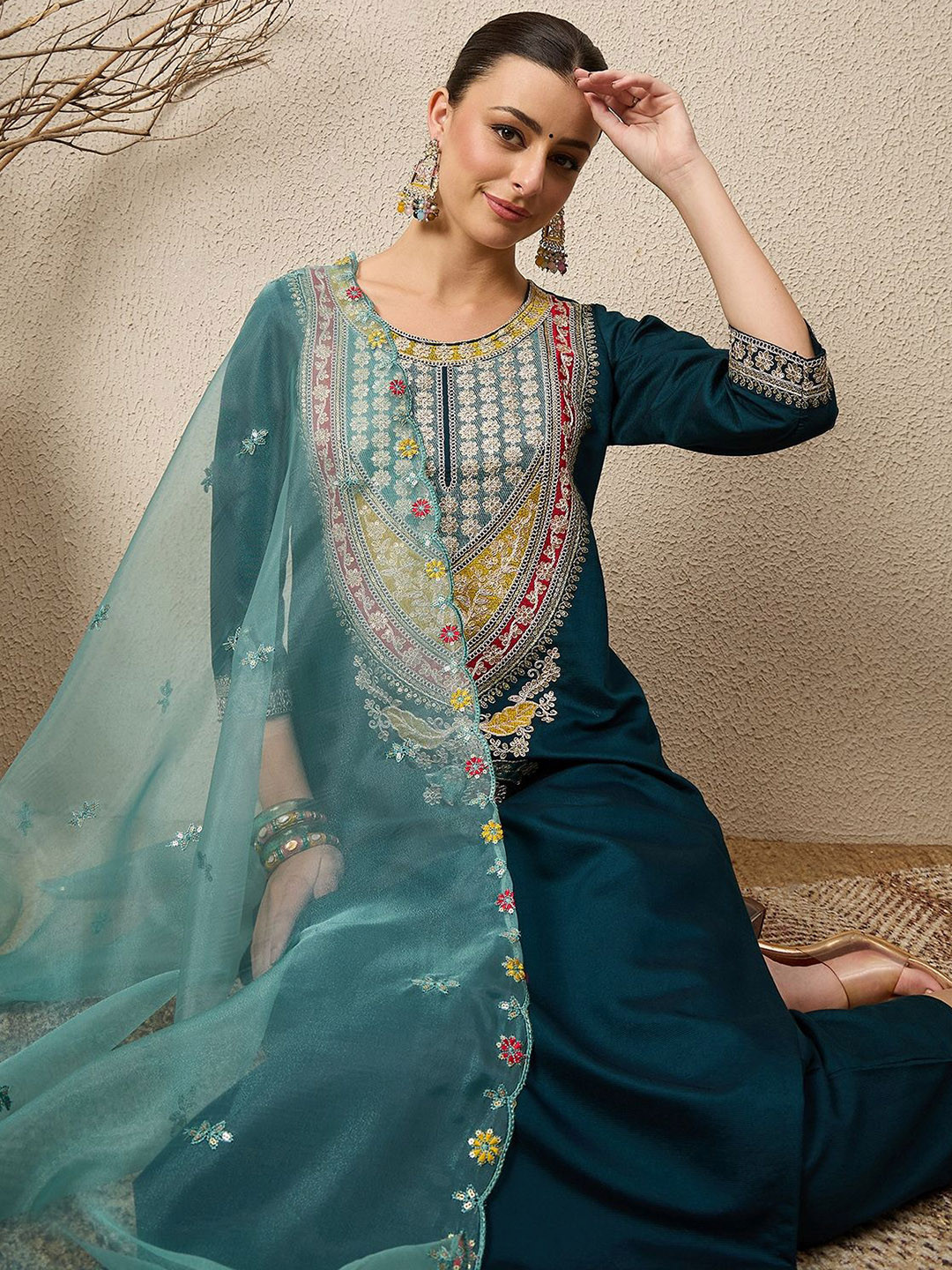 VredeVogel Women's Floral Yoke Design Sequined Embellished Kurta With Trouser & Dupatta