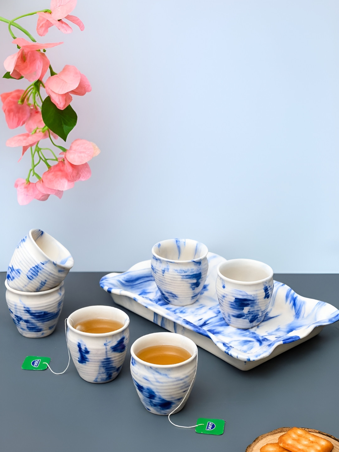 Unravel India White & Blue 6 Pieces Printed Ceramic Glossy Kulhads 150ml & Tray