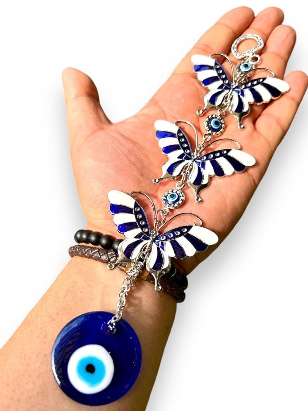 BLUE BEADS Blue Silver Plated 3 Layer Enameled Butterfly Evil Eye Wall Hangings