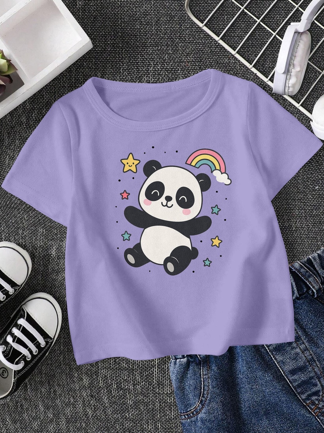 FIONAA TRENDZ Kids Unisex Purple Pure Cotton Panda Printed T-shirt