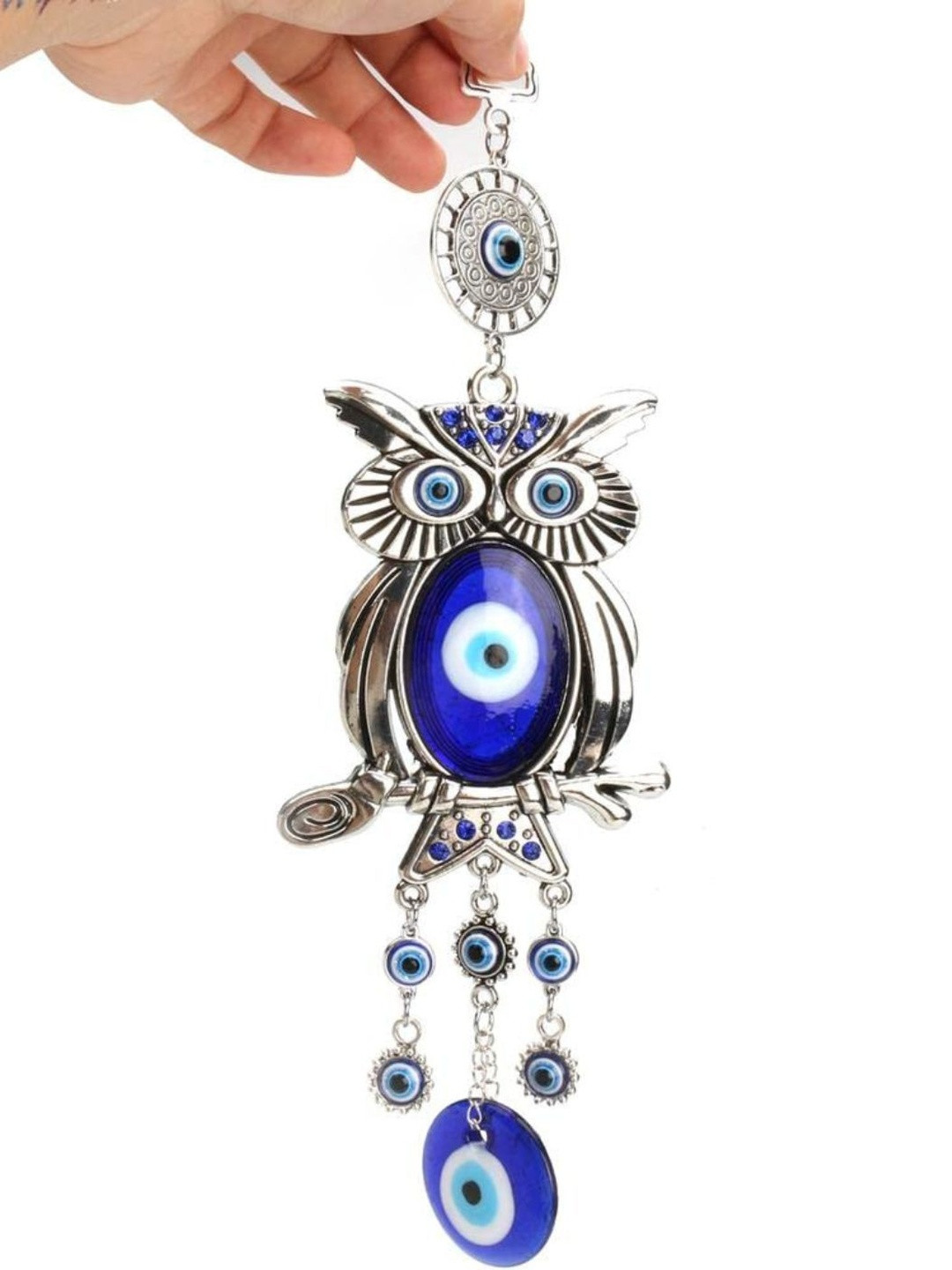 BLUE BEADS Handmade Owl Evil Eye Metal & Glass Wall & Door Hanging