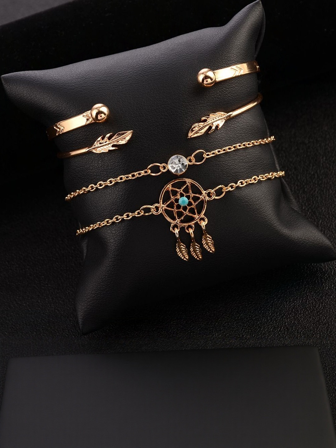 TheVineGirl Women Set Of 4 Golden Cubic Zirconia Gold-Plated Cuff Alloy Bracelets