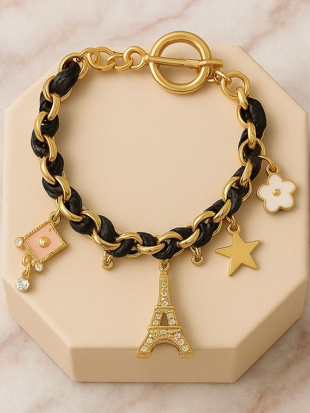 TheVineGirl Women Cubic Zirconia Gold-Plated Tower Star Charms Bracelet