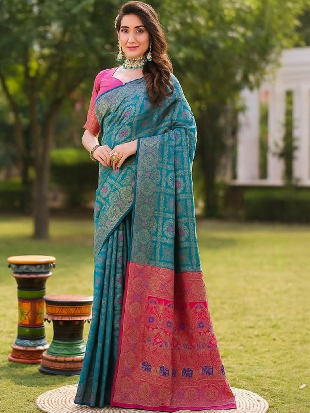 Moda Rapido Turquoise Blue Woven Design Silk Cotton Kanjeevaram Sarees