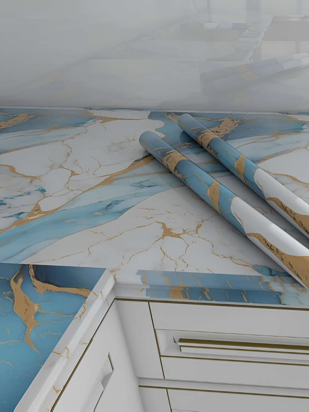 Aura Plain Blue & Gold Toned Printed Self Adhesive Wallpaper