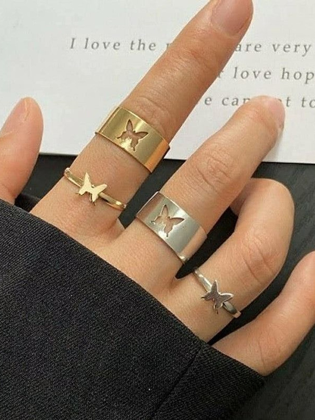 DressBerry Set of 4 Gold & Silver Plated Butterfly Matching Wrap Finger Couple Ring