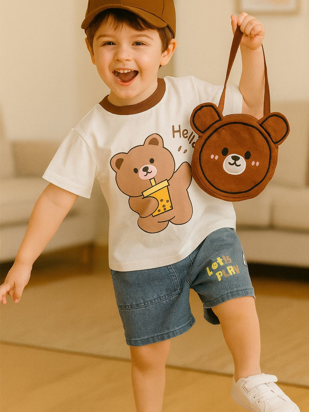 Bold N Elegant Unisex Kids Cartoon Bear T-shirt & Denim Shorts Set with Bag