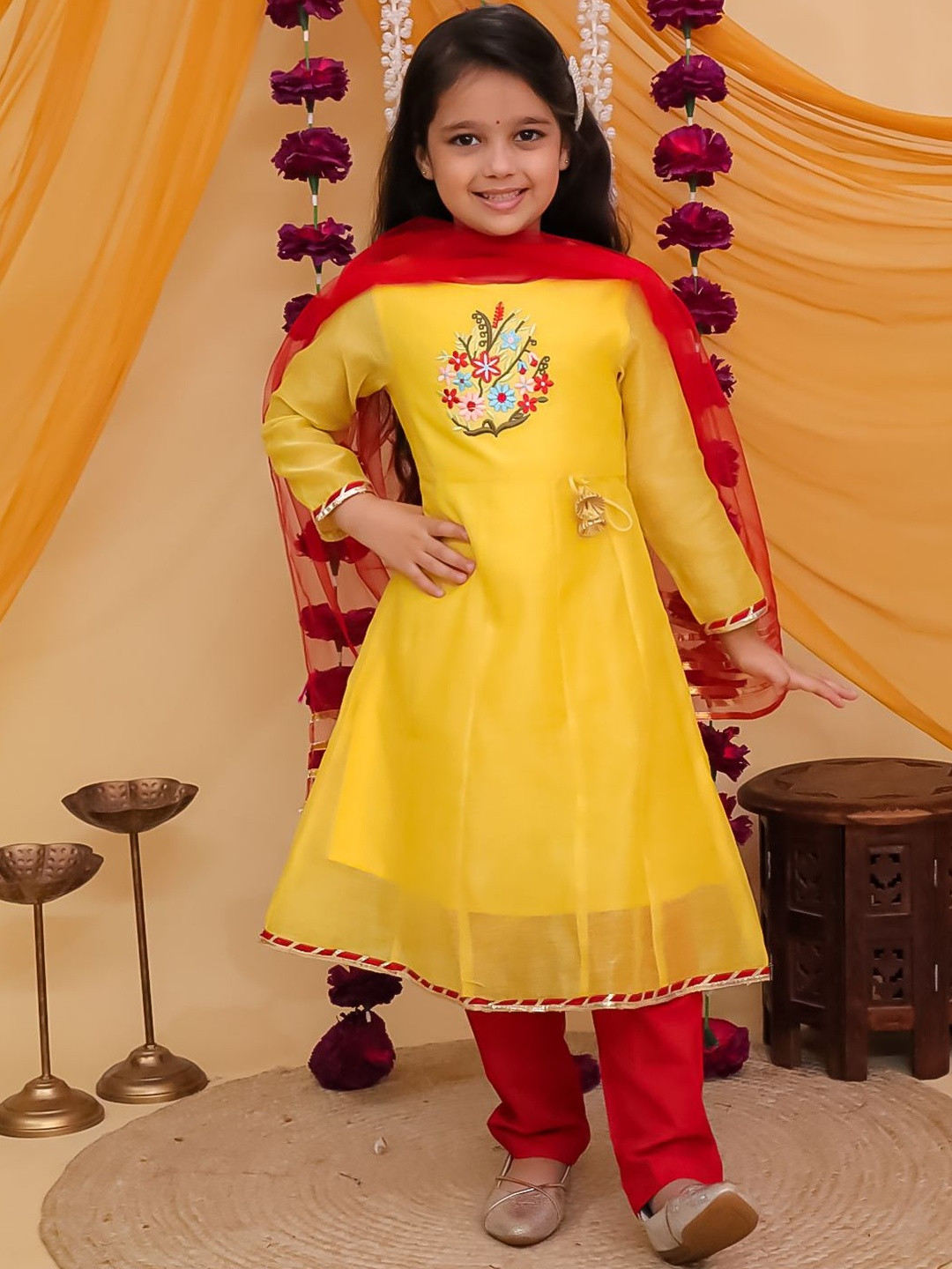 JEXPORT Girls Yellow & Red Round Neck Embroidered Cotton Kurta & Trouser With Dupatta Set